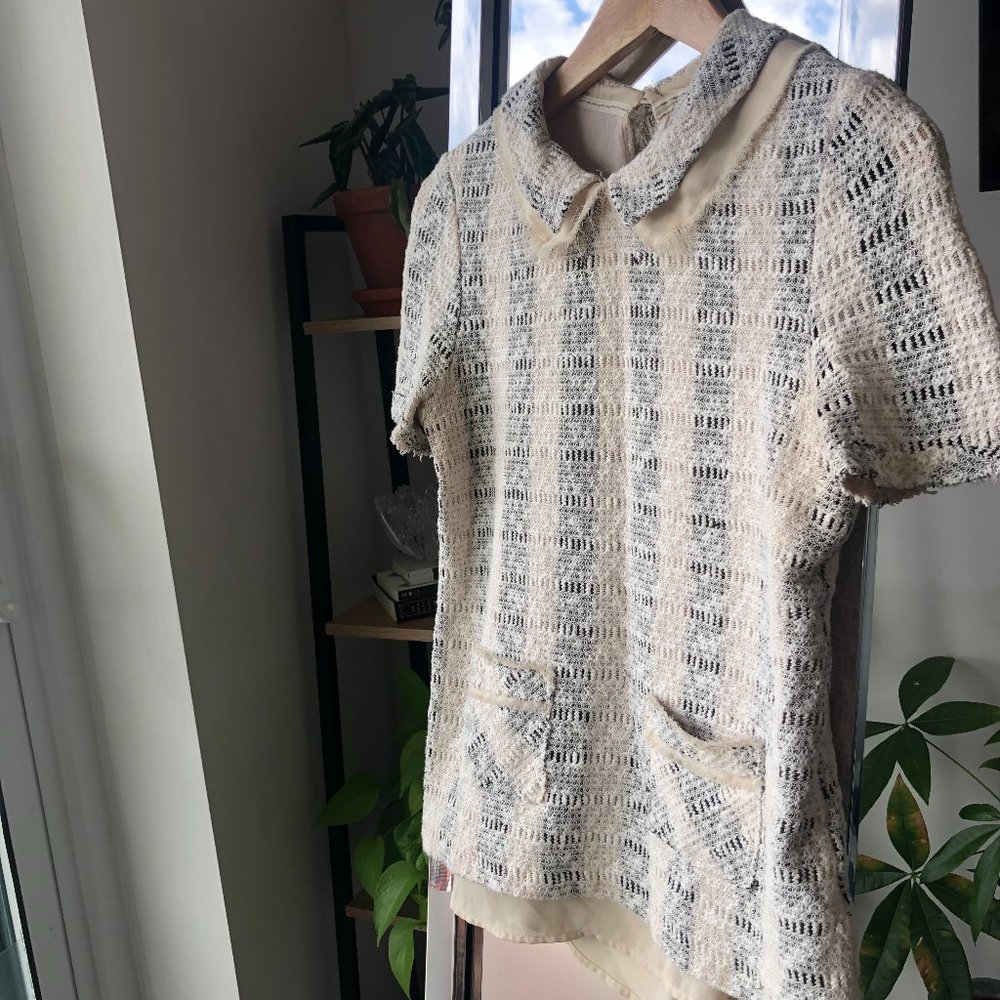 Preppy Cream Tweed Collared Blouse